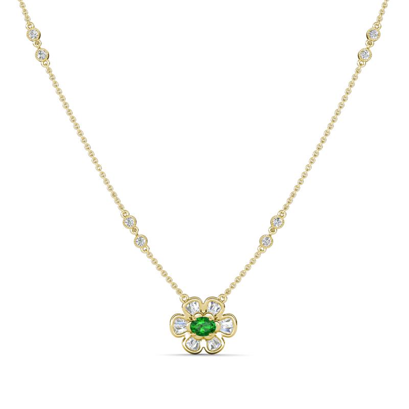 Elira Fine Unseen 0.50 ctw Oval Shape Green Garnet accented Baguette & Round Natural Diamond Floral Necklace 