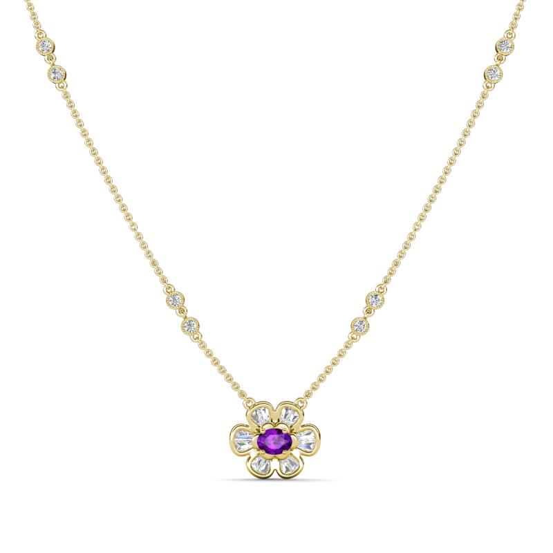 Elira Fine Unseen 0.50 ctw Oval Shape Amethyst accented Baguette & Round Natural Diamond Floral Necklace 