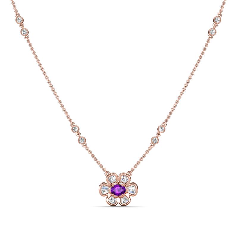 Elira Fine Unseen 0.50 ctw Oval Shape Amethyst accented Baguette & Round Natural Diamond Floral Necklace 