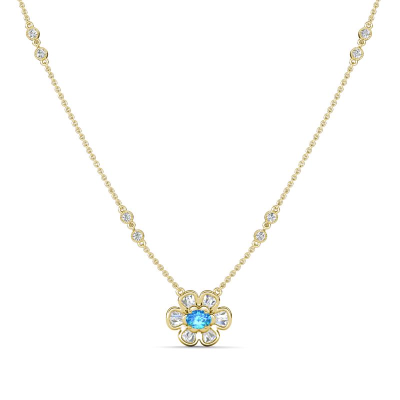 Elira Fine Unseen 0.50 ctw Oval Shape Blue Topaz accented Baguette & Round Natural Diamond Floral Necklace 