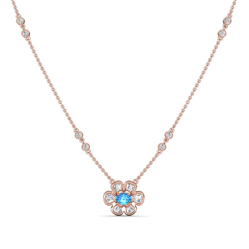 Elira Fine Unseen 0.50 ctw Oval Shape Blue Topaz accented Baguette & Round Natural Diamond Floral Necklace 