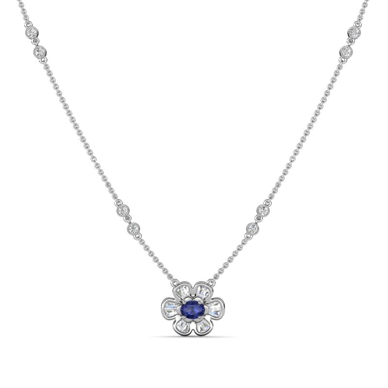 Elira Fine Unseen 0.50 ctw Oval Shape Iolite accented Baguette & Round Natural Diamond Floral Necklace 