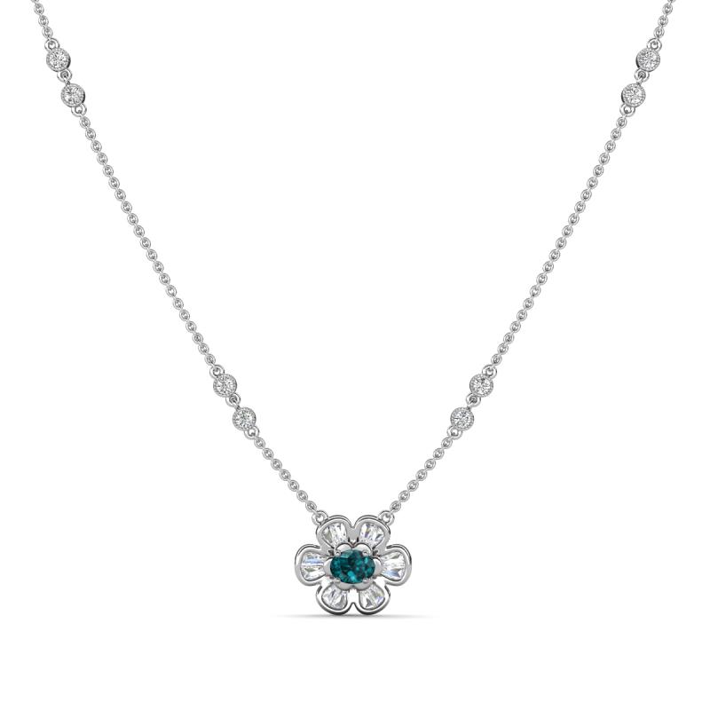 Elira Fine Unseen 0.50 ctw Oval Shape London Blue Topaz accented Baguette & Round Natural Diamond Floral Necklace 