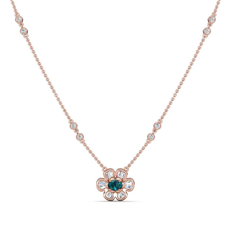 Elira Fine Unseen 0.50 ctw Oval Shape London Blue Topaz accented Baguette & Round Natural Diamond Floral Necklace 