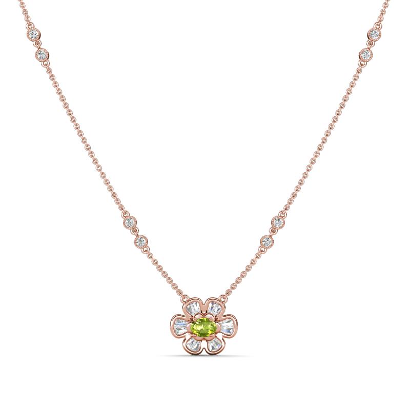 Elira Fine Unseen 0.50 ctw Oval Shape Peridot accented Baguette & Round Natural Diamond Floral Necklace 