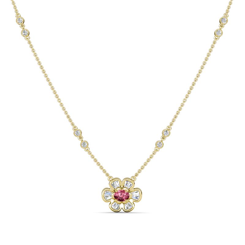 Elira Fine Unseen 0.50 ctw Oval Shape Pink Tourmaline accented Baguette & Round Natural Diamond Floral Necklace 