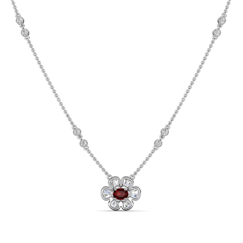 Elira Fine Unseen 0.50 ctw Oval Shape Red Garnet accented Baguette & Round Natural Diamond Floral Necklace 