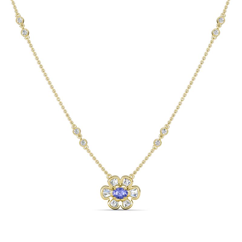 Elira Fine Unseen 0.50 ctw Oval Shape Tanzanite accented Baguette & Round Natural Diamond Floral Necklace 