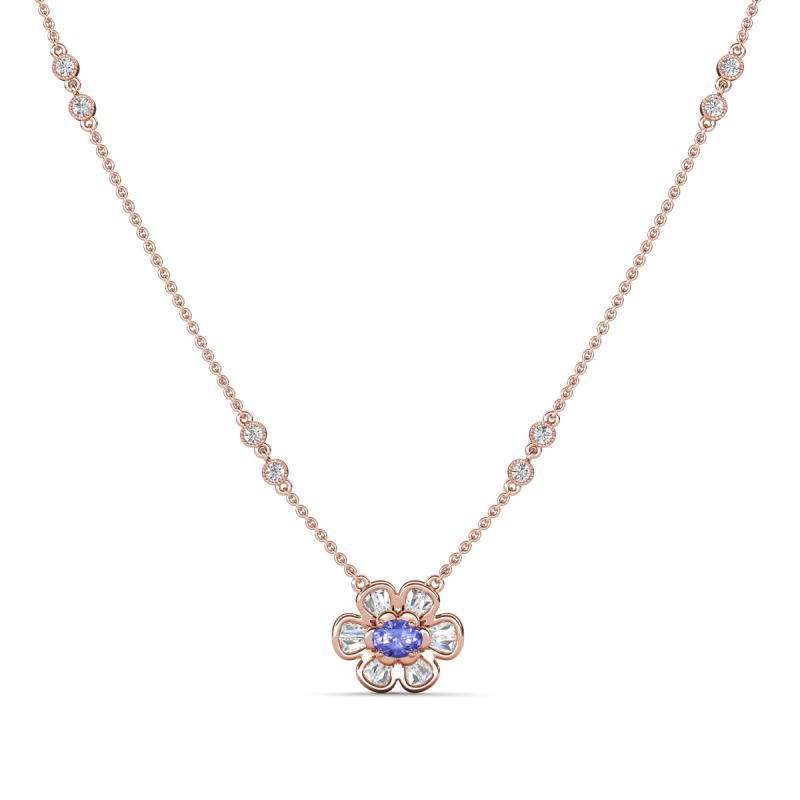 Elira Fine Unseen 0.50 ctw Oval Shape Tanzanite accented Baguette & Round Natural Diamond Floral Necklace 