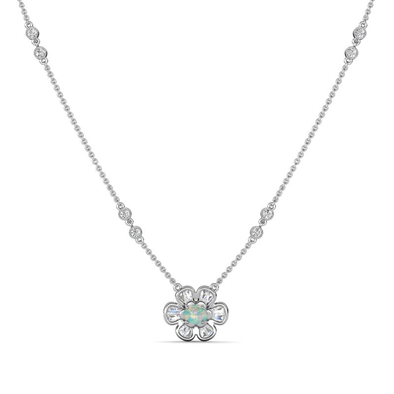 Elira Fine Unseen 0.40 ctw Oval Shape Opal accented Baguette & Round Natural Diamond Floral Necklace 