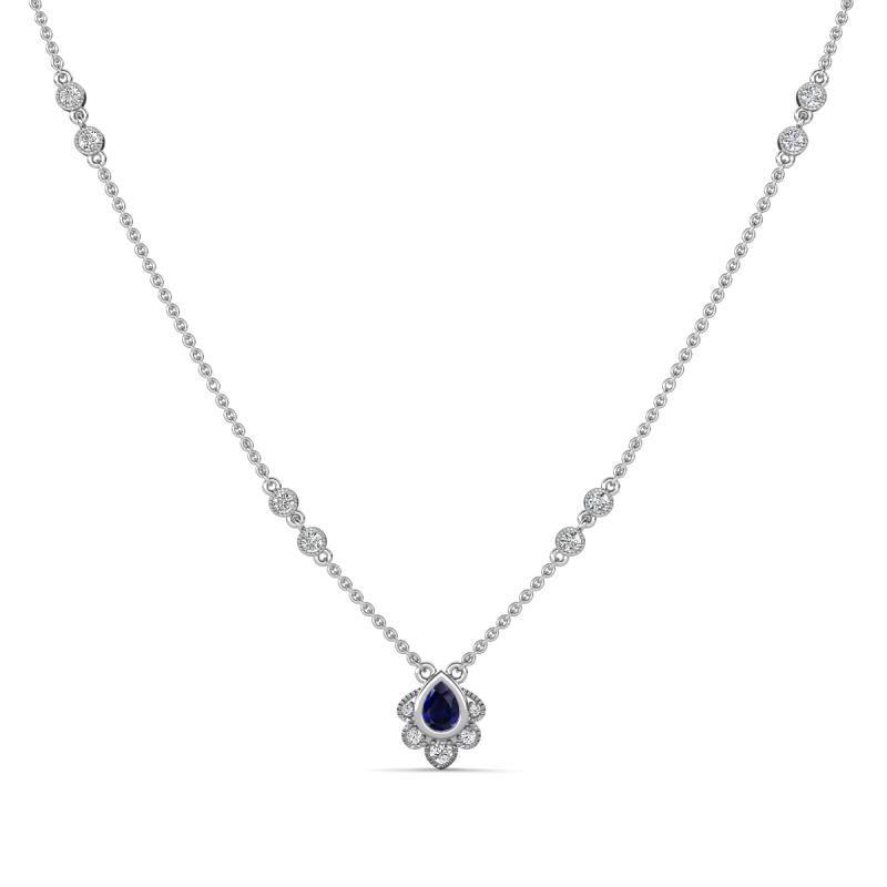 Avira Fine Unseen 0.30 ctw Pear Shape Blue Sapphire accented Round Natural Diamond Floral Necklace 