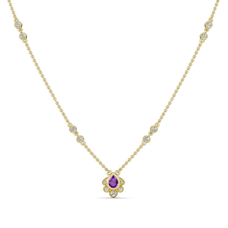 Avira Fine Unseen 0.35 ctw Pear Shape Amethyst accented Round Natural Diamond Floral Necklace 