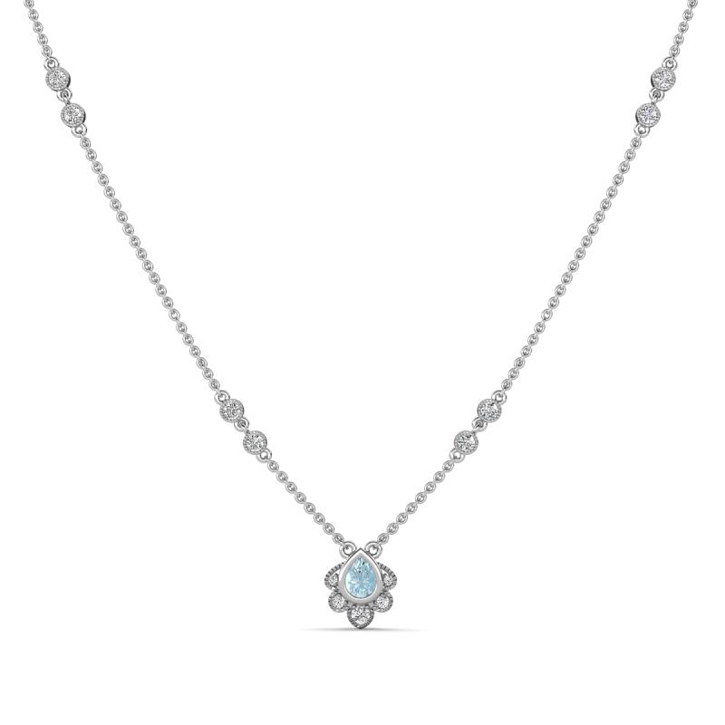 Avira Fine Unseen 0.35 ctw Pear Shape Aquamarine accented Round Natural Diamond Floral Necklace 