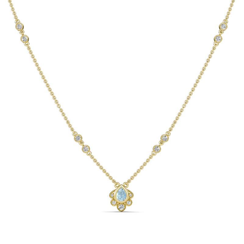 Avira Fine Unseen 0.35 ctw Pear Shape Aquamarine accented Round Natural Diamond Floral Necklace 