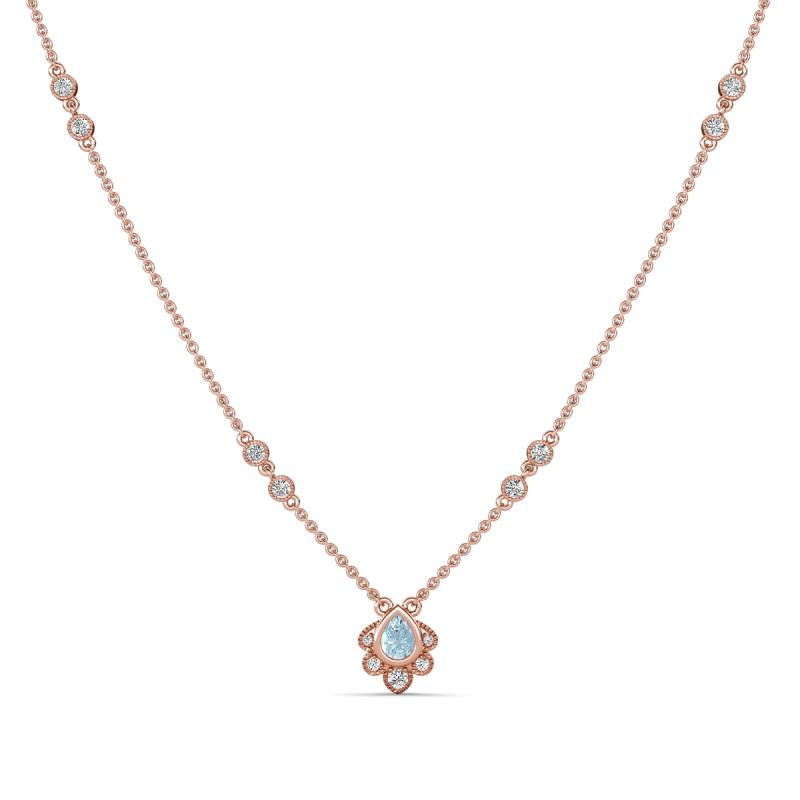 Avira Fine Unseen 0.35 ctw Pear Shape Aquamarine accented Round Natural Diamond Floral Necklace 