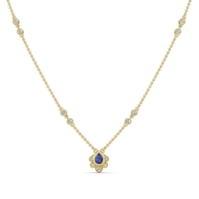 Avira Fine Unseen 0.35 ctw Pear Shape Iolite accented Round Natural Diamond Floral Necklace 