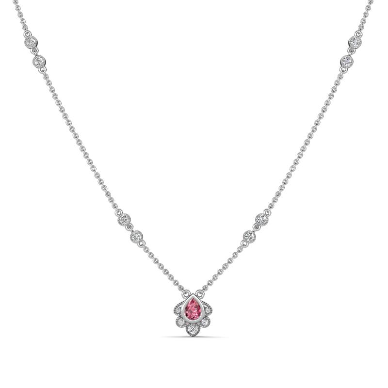 Avira Fine Unseen 0.40 ctw Pear Shape Pink Tourmaline accented Round Natural Diamond Floral Necklace 