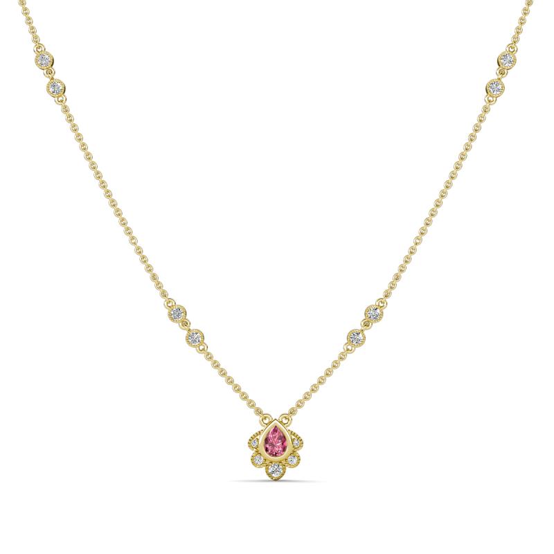 Avira Fine Unseen 0.40 ctw Pear Shape Pink Tourmaline accented Round Natural Diamond Floral Necklace 
