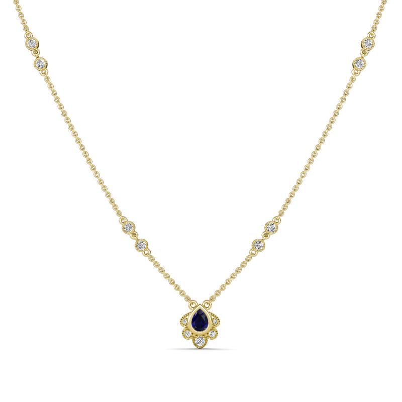 Avira Fine Unseen 0.30 ctw Pear Shape Blue Sapphire accented Round Natural Diamond Floral Necklace 