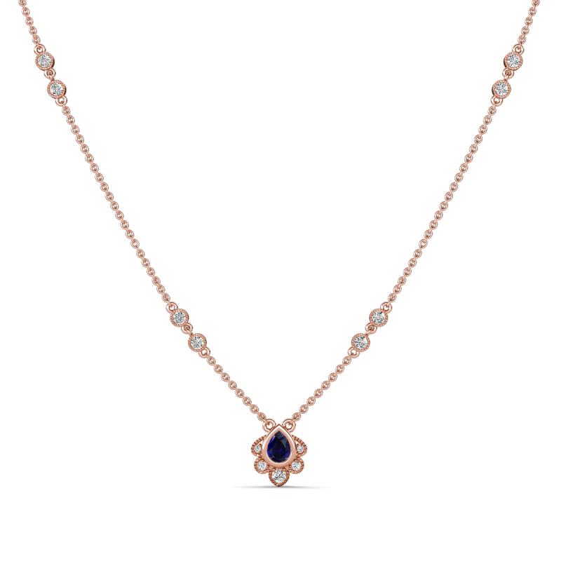 Avira Fine Unseen 0.30 ctw Pear Shape Blue Sapphire accented Round Natural Diamond Floral Necklace 