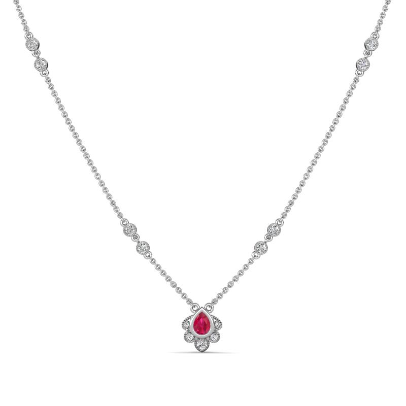 Avira Fine Unseen 0.30 ctw Pear Shape Ruby accented Round Natural Diamond Floral Necklace 
