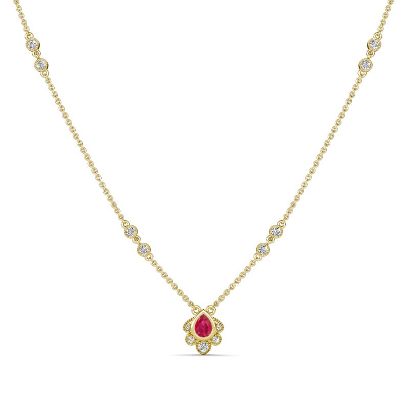 Avira Fine Unseen 0.30 ctw Pear Shape Ruby accented Round Natural Diamond Floral Necklace 