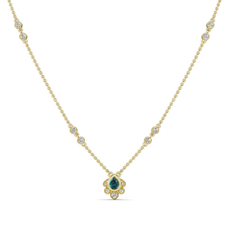 Avira Fine Unseen 0.40 ctw Pear Shape London Blue Topaz accented Round Natural Diamond Floral Necklace 
