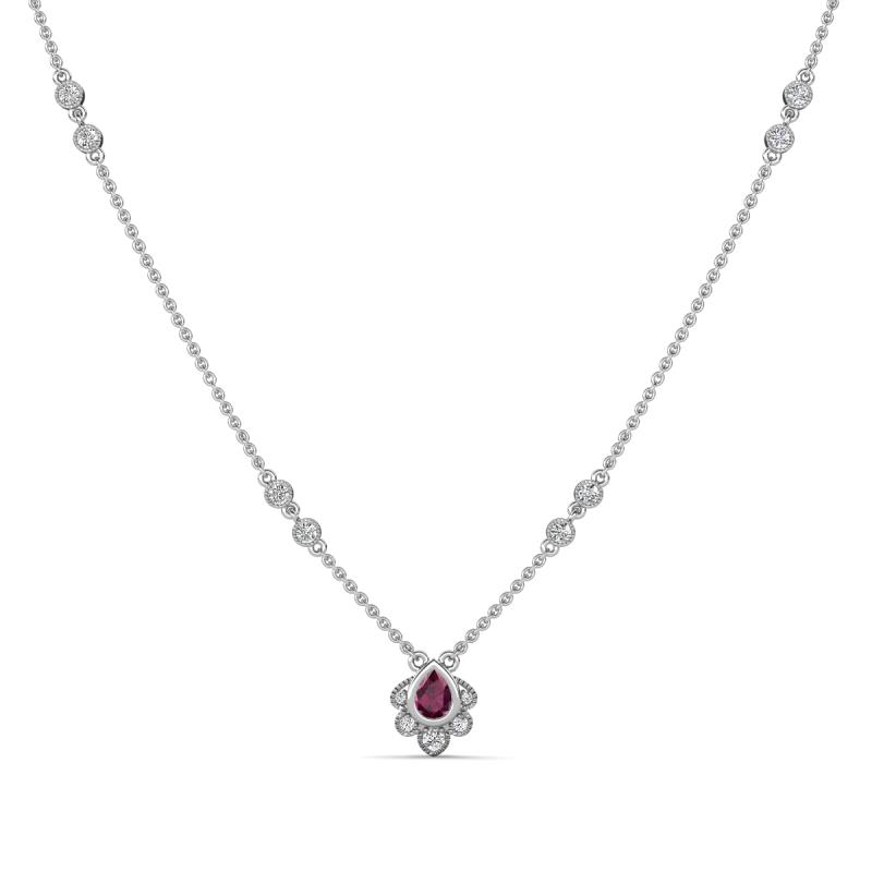 Avira Fine Unseen 0.40 ctw Pear Shape Rhodolite Garnet accented Round Natural Diamond Floral Necklace 