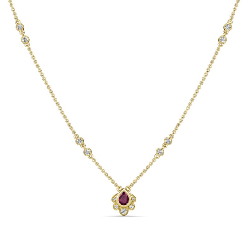 Avira Fine Unseen 0.40 ctw Pear Shape Rhodolite Garnet accented Round Natural Diamond Floral Necklace 