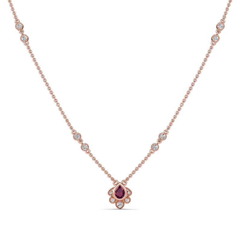 Avira Fine Unseen 0.40 ctw Pear Shape Rhodolite Garnet accented Round Natural Diamond Floral Necklace 