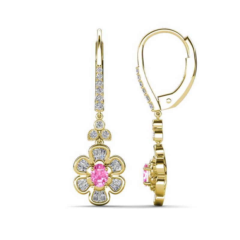 Naira Fine Unseen 1.00 ctw Oval Shape Pink Sapphire accented Round & Baguette Natural Diamond Floral Dangle Earrings 