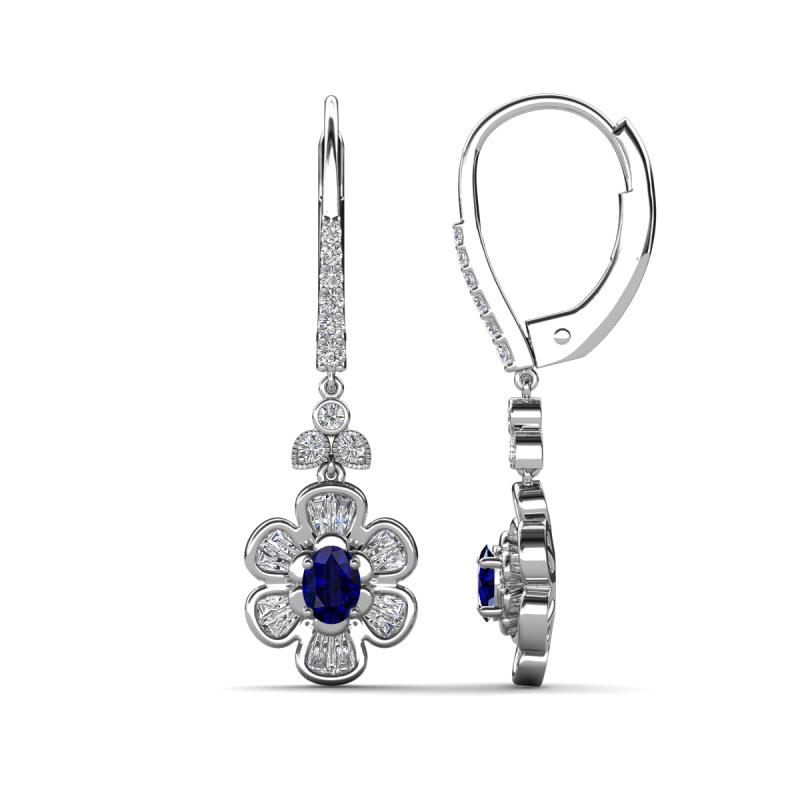 Naira Fine Unseen 1.00 ctw Oval Shape Blue Sapphire accented Round & Baguette Natural Diamond Floral Dangle Earrings 