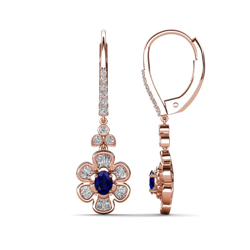 Naira Fine Unseen 1.00 ctw Oval Shape Blue Sapphire accented Round & Baguette Natural Diamond Floral Dangle Earrings 
