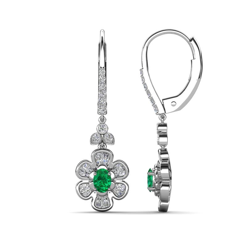 Naira Fine Unseen 0.90 ctw Oval Shape Emerald accented Round & Baguette Natural Diamond Floral Dangle Earrings 