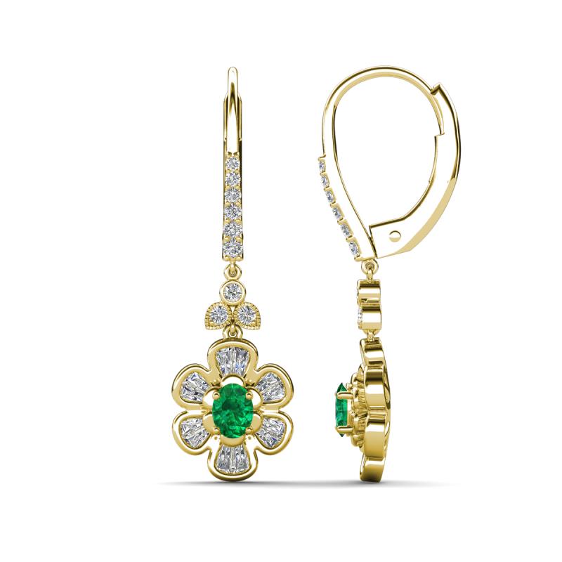 Naira Fine Unseen 0.90 ctw Oval Shape Emerald accented Round & Baguette Natural Diamond Floral Dangle Earrings 