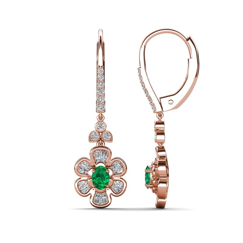 Naira Fine Unseen 0.90 ctw Oval Shape Emerald accented Round & Baguette Natural Diamond Floral Dangle Earrings 