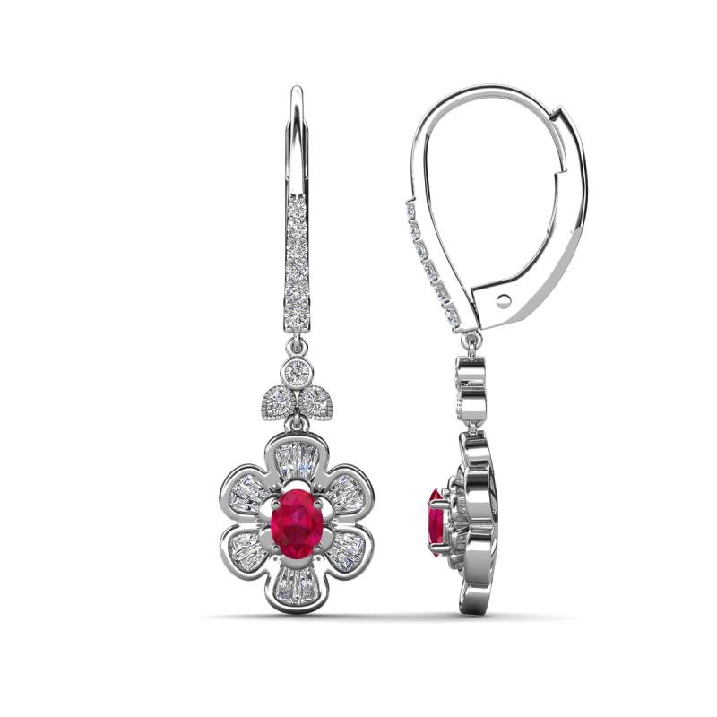 Naira Fine Unseen 1.00 ctw Oval Shape Ruby accented Round & Baguette Natural Diamond Floral Dangle Earrings 