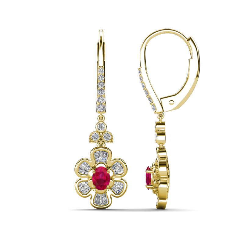 Naira Fine Unseen 1.00 ctw Oval Shape Ruby accented Round & Baguette Natural Diamond Floral Dangle Earrings 