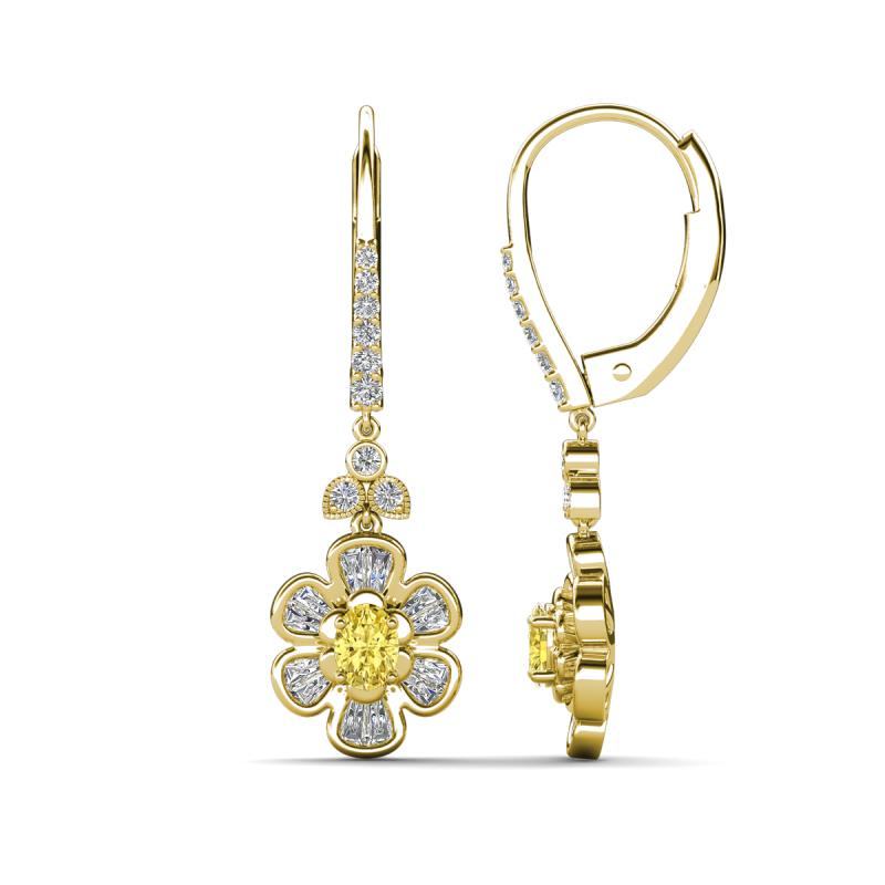 Naira Fine Unseen 1.15 ctw Oval Shape Yellow Sapphire accented Round & Baguette Natural Diamond Floral Dangle Earrings 