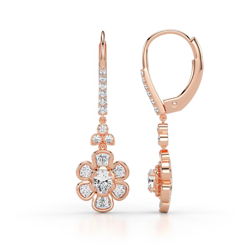 Naira Fine Unseen 0.85 ctw Oval Shape Natural Diamond accented Round & Baguette Diamond Floral Dangle Earrings 