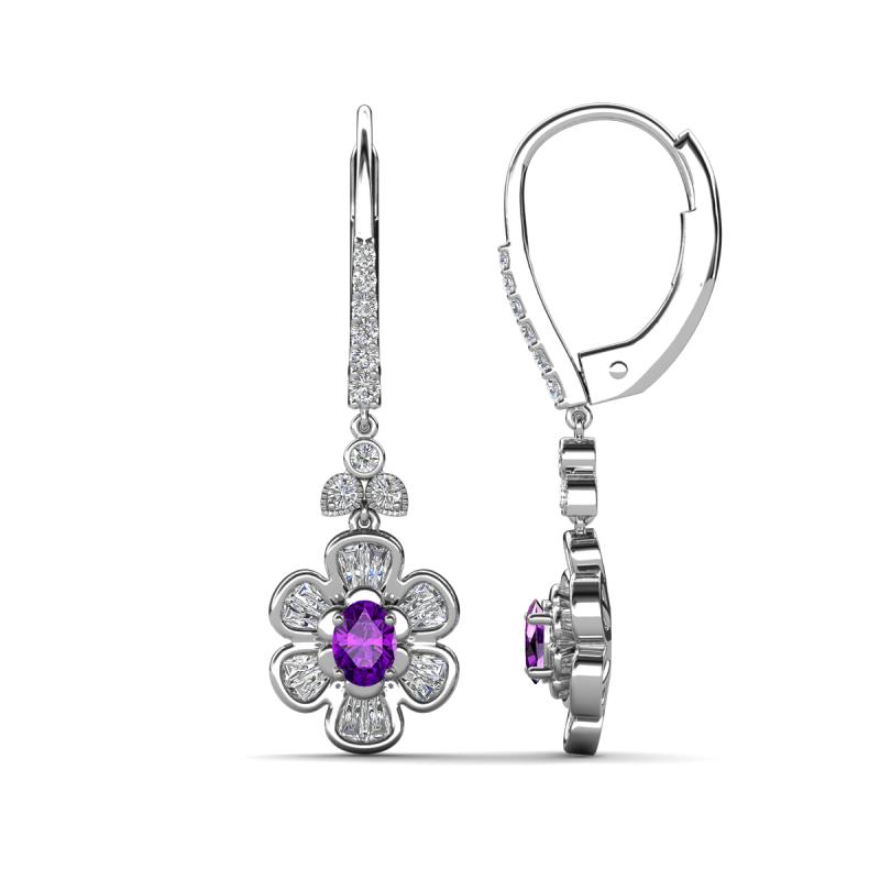 Naira Fine Unseen 0.90 ctw Oval Shape Amethyst accented Round & Baguette Natural Diamond Floral Dangle Earrings 