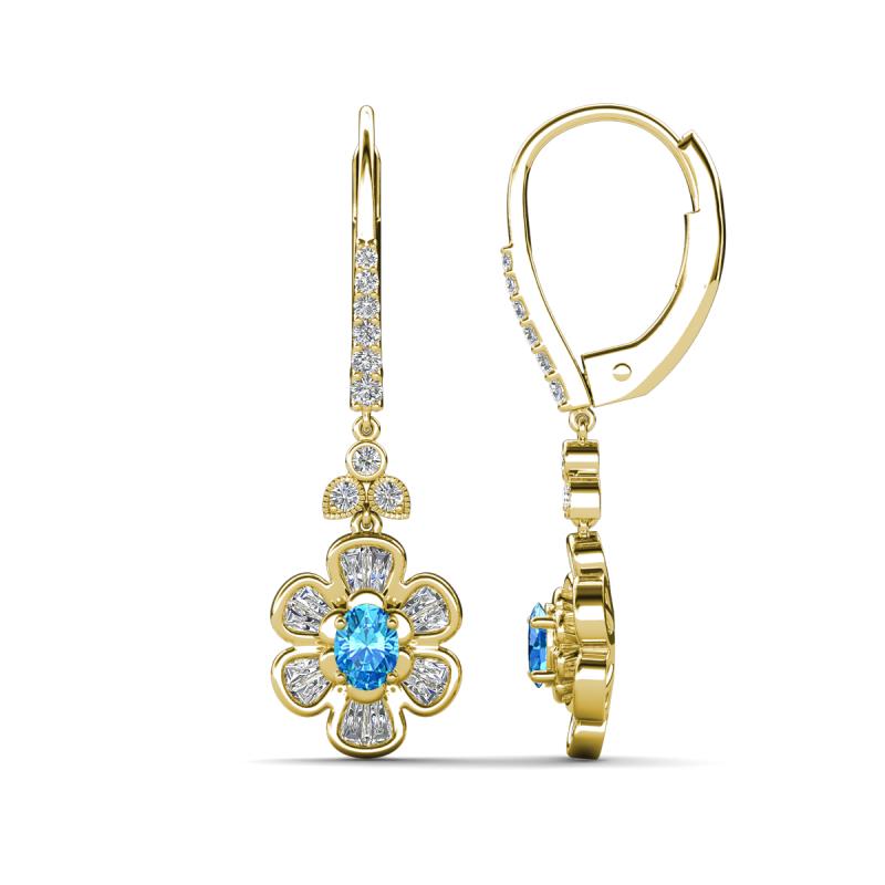 Naira Fine Unseen 0.95 ctw Oval Shape Blue Topaz accented Round & Baguette Natural Diamond Floral Dangle Earrings 