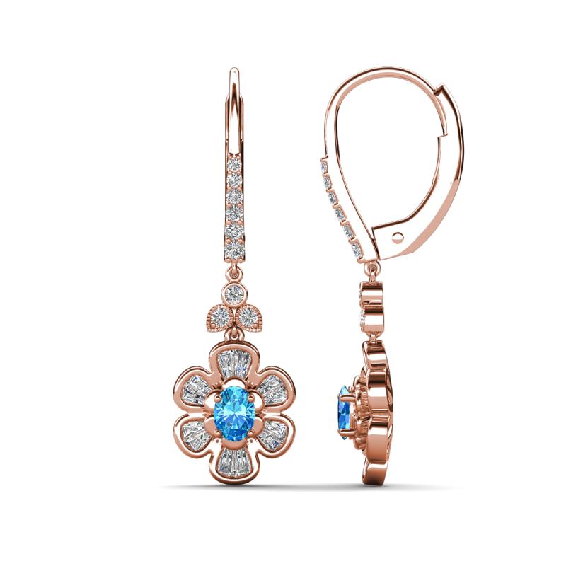 Naira Fine Unseen 0.95 ctw Oval Shape Blue Topaz accented Round & Baguette Natural Diamond Floral Dangle Earrings 