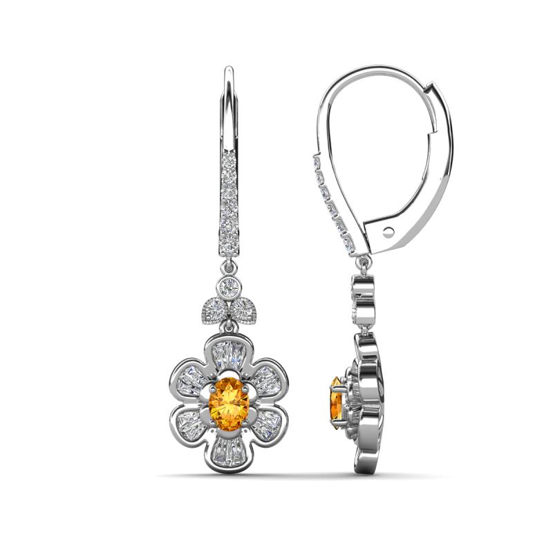 Naira Fine Unseen 0.90 ctw Oval Shape Citrine accented Round & Baguette Natural Diamond Floral Dangle Earrings 