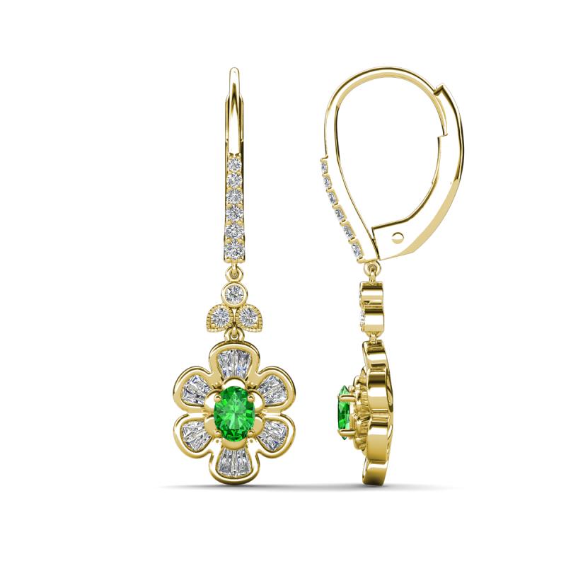 Naira Fine Unseen 0.95 ctw Oval Shape Green Garnet accented Round & Baguette Natural Diamond Floral Dangle Earrings 