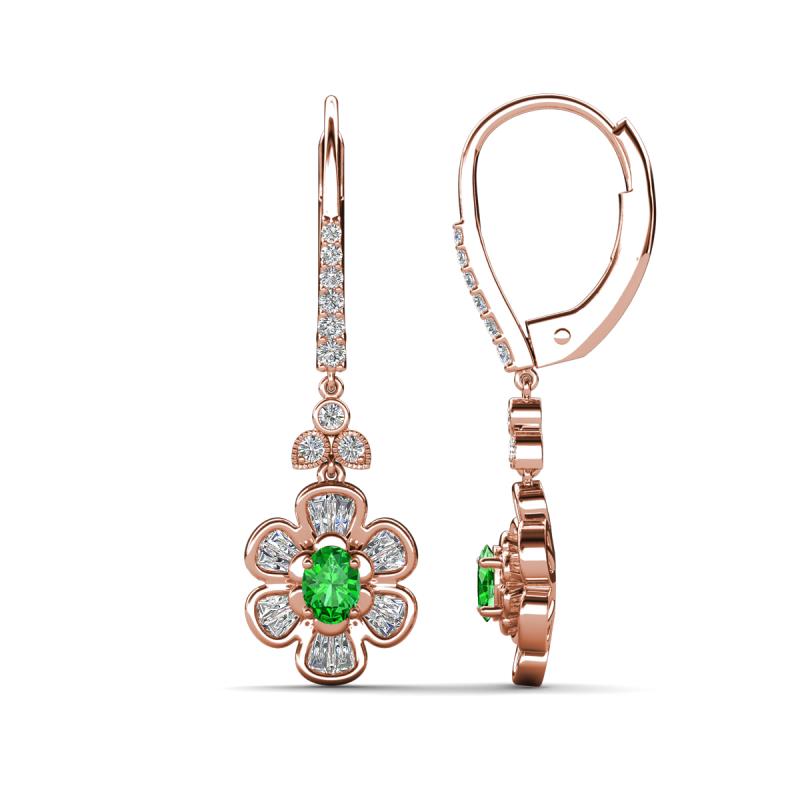 Naira Fine Unseen 0.95 ctw Oval Shape Green Garnet accented Round & Baguette Natural Diamond Floral Dangle Earrings 