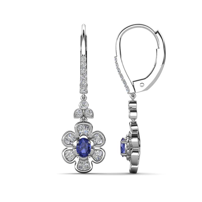 Naira Fine Unseen 0.90 ctw Oval Shape Iolite accented Round & Baguette Natural Diamond Floral Dangle Earrings 