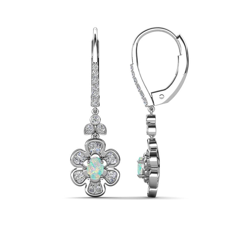 Naira Fine Unseen 0.75 ctw Oval Shape Opal accented Round & Baguette Natural Diamond Floral Dangle Earrings 