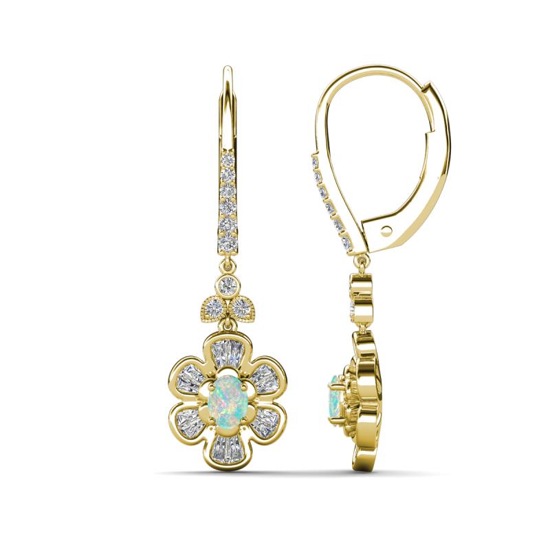 Naira Fine Unseen 0.75 ctw Oval Shape Opal accented Round & Baguette Natural Diamond Floral Dangle Earrings 