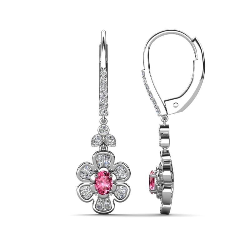 Naira Fine Unseen 0.90 ctw Oval Shape Pink Tourmaline accented Round & Baguette Natural Diamond Floral Dangle Earrings 